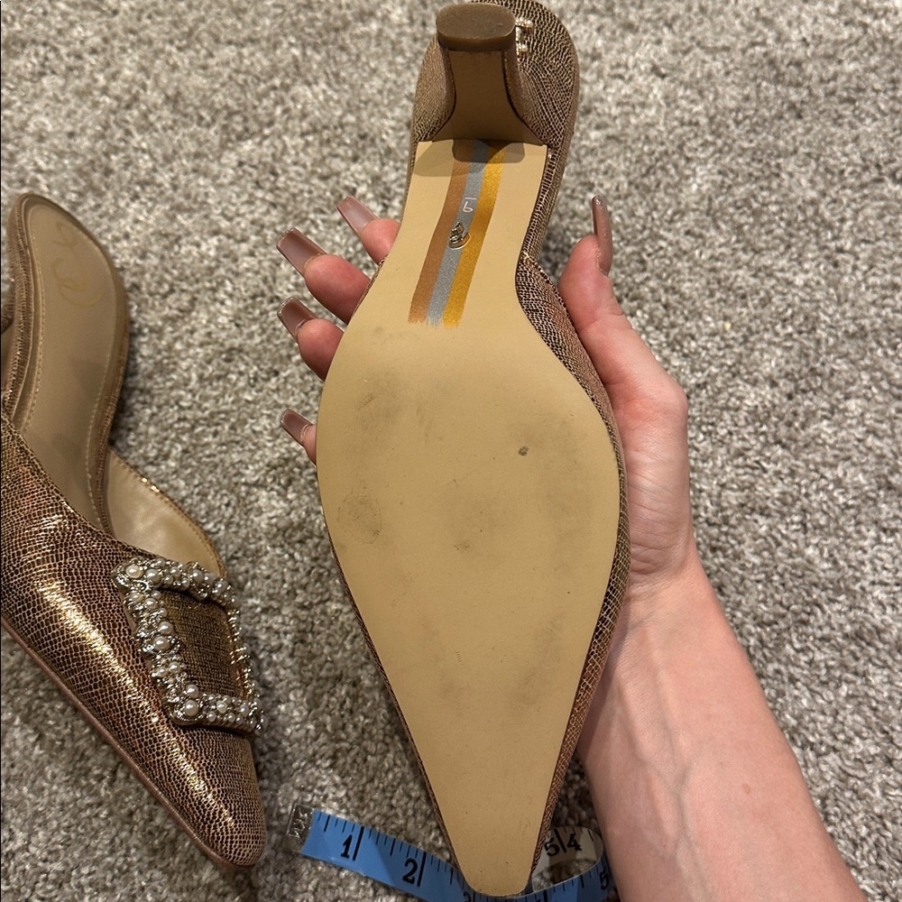 Sam Edelman 9 Kitten Heel Mule Beaded Metallic Gold Bronze Gorgeous shoe 2” - Picture 4 of 12